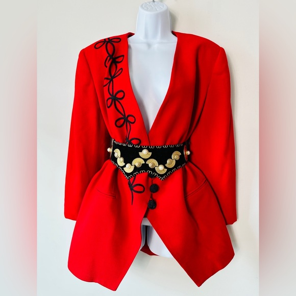 Vintage Jackets & Blazers - Vintage Red Blazer With Black Braided Ribbon Floral Detail By Harrison Kent